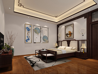 新中式卧室书房书桌3d模型
