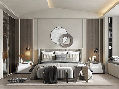 3d卧室床品吊灯椅子模型