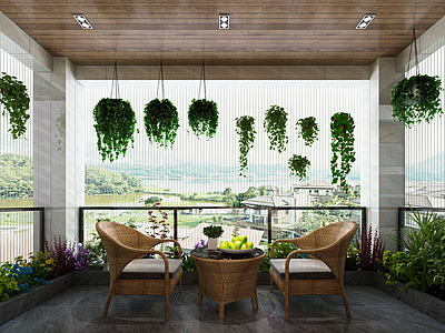 新中式阳台花园阳台藤椅模型3d模型