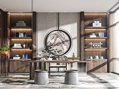3d新中式书房茶室模型