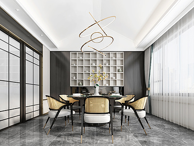 3d新中式轻奢客厅餐厅模型