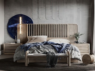 3d新中式卧室床衣柜模型