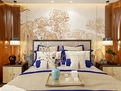 3d新中式家居卧室床具模型