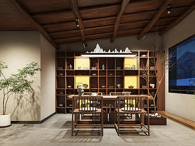 3d新中式休息娱乐室茶室茶台模型