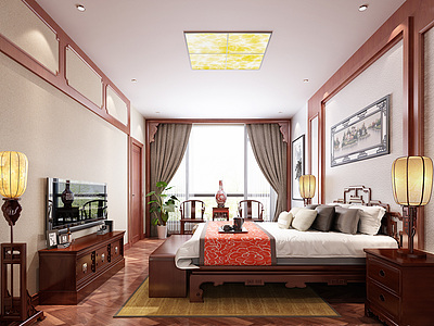 3d新中式别墅主卧室模型