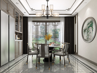 3d新中式别墅餐厅餐桌椅模型