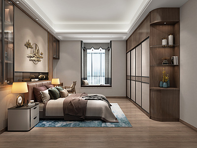 3d新中式卧室床装饰柜模型