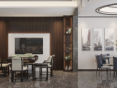 新中式客厅餐厅麻将室3d模型