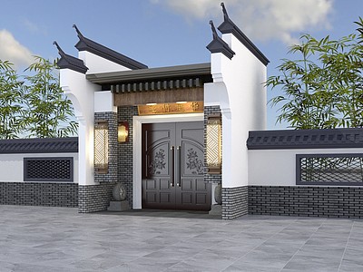 3d新中式庭院入口大门模型