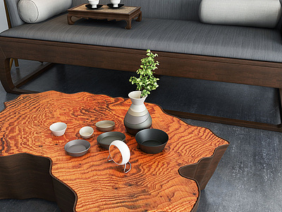 3d新中式沙发新中式茶几边几模型