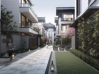 3d新中式独栋别墅外观模型