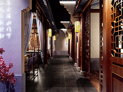 3d中式餐厅过道模型