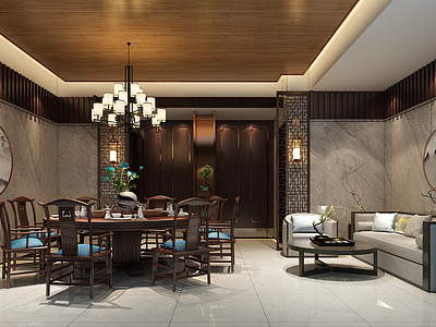3d新中式酒店包间餐厅模型