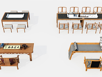 3d新中式课桌书桌蒲团凳子模型