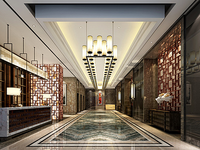 3d新中式酒店门厅接待前台模型
