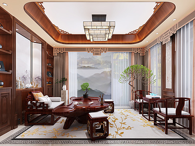 3d中式茶室吊灯手绘壁纸模型
