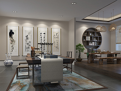 3d新中式茶室茶桌模型