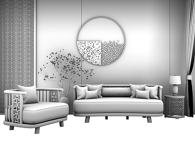 3d新中式实木布艺沙发模型