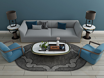 3d新中式客厅沙发茶几装饰画模型