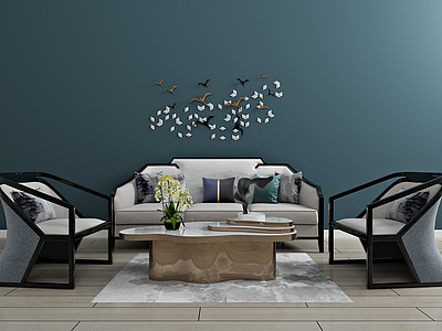 新中式客厅沙发茶几装饰画模型3d模型