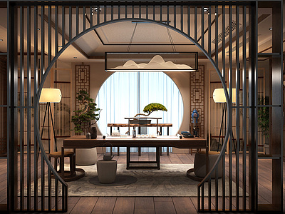 3d新中式茶室茶桌盆景模型