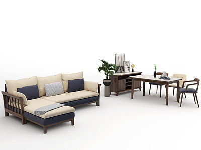 3d新中式客餐厅沙发茶几组合模型