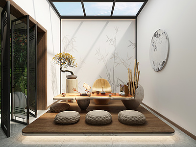 3d新中式茶室挂画桌椅模型