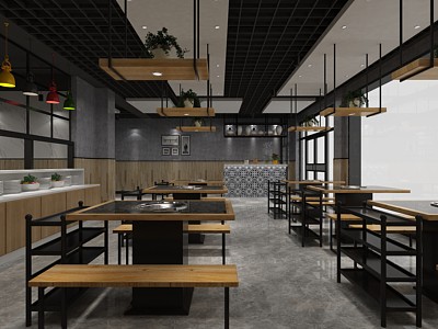 3d工业风火锅店餐厅餐馆模型