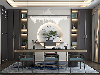 3d新中式茶室茶桌茶椅模型
