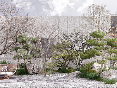 3d现代新中式庭院景观模型