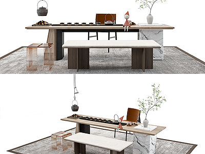3d新中式茶桌椅茶具组合模型