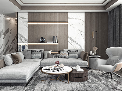 3d现代客厅多人沙发茶几模型