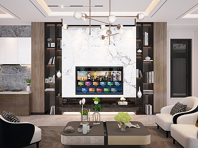 3d现代轻奢沙发组合电视墙模型