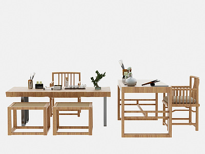 中式餐桌椅组合3d模型