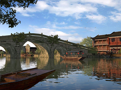 公园古建筑房子桥船模型3d模型