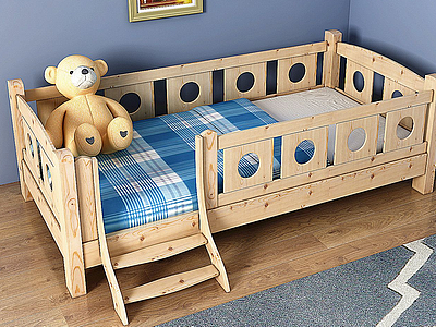 现代实木儿童床挂画组合3d模型