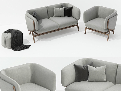 3d北欧风灰色布艺沙发组合模型