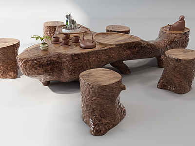 中式木墩茶桌茶海模型3d模型