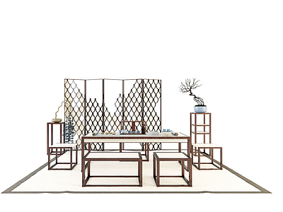 中式茶台桌椅屏风花架组合模型3d模型