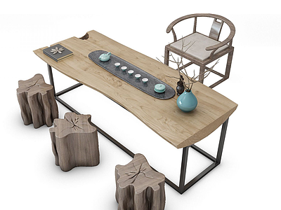 3d中式茶桌木墩模型