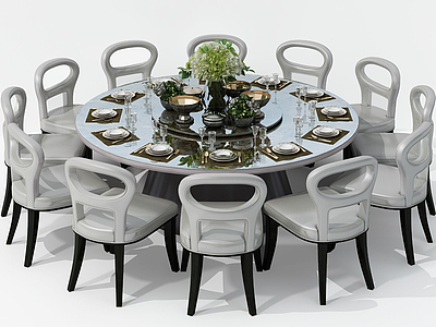 3d美式镂空多人餐桌椅组合模型