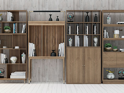 3d新中式现代装饰柜书柜模型