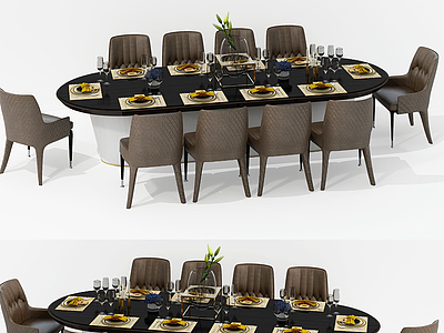 3d现代椭圆餐桌椅组合模型