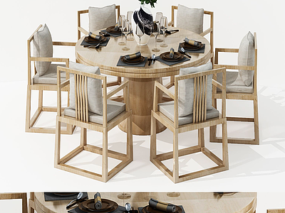 3d新中式实木原色餐桌椅组合模型
