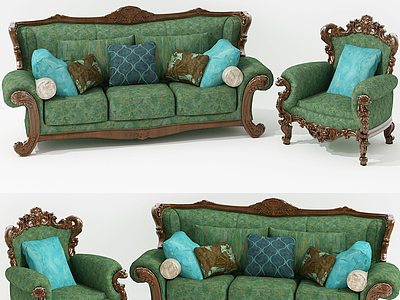 3d美式绿皮沙发多人沙发组合模型
