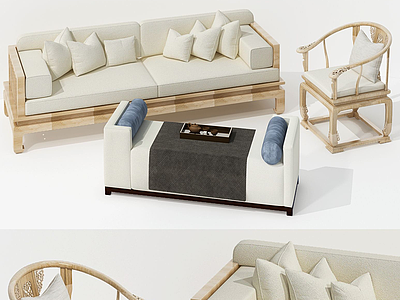 3d新中式实木原木色沙发组合模型