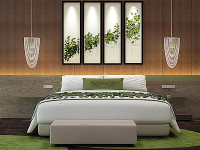 3d超现代新中式床四联画挂画模型
