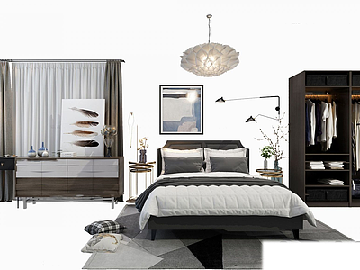 卧室装修双人床灯具衣柜模型3d模型