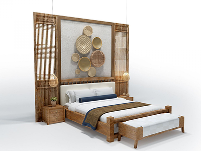 中式双人床床3d模型