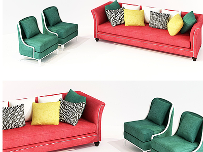 3d美式红配绿多人沙发模型